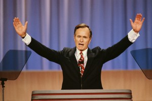 Vice President George Bush raises his arms during a speech at the 1988 Republican National Convention in New Orleans, Louisiana. (Photo by © Shepard Sherbell/CORBIS SABA/Corbis via Getty Images)