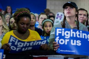 MILWAUKEE, WI - Supporters listen to former Secretary of State Hillary Clinton speak during a rally at Mary Ryan Boys & Girls Club in Milwaukee, Wisconsin on Monday evening March 28, 2016. (Photo by Melina Mara/The Washington Post via Getty Images)