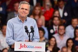 MIAMI, FL - JUNE 15: Former Florida Governor Jeb Bush on stage to announce his candidacy for the 2016 Republican presidential nomination at Miami Dade College - Kendall Campus Theodore Gibson Health Center (Gymnasium) June 15, 2015 in Miami, Florida. John Ellis "Jeb" Bush will attempt to follow his brother and father into the nation's highest office when he officially announces today that he'll run for president of the United States. (Photo by Johnny Louis/FilmMagic)