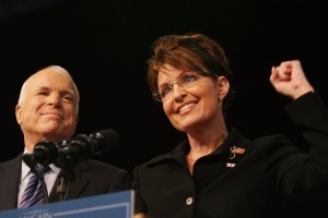 DAYTON, OH - AUGUST 29:  Presumptive Republican presidential nominee John McCain stands with Alaska Gov. Sarah Palin onstage at a campaign rally August 29, 2008 in Dayton, Ohio. McCain announced Palin as his vice presidential running mate at the rally. (Photo by Mario Tama/Getty Images)