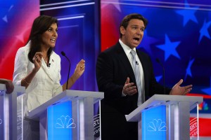 MIAMI, FLORIDA - NOVEMBER 08: Republican presidential candidates former U.N. Ambassador Nikki Haley and Florida Gov. Ron DeSantis participate in the NBC News Republican Presidential Primary Debate at the Adrienne Arsht Center for the Performing Arts of Miami-Dade County on November 8, 2023 in Miami, Florida. Five presidential hopefuls squared off in the third Republican primary debate as former U.S. President Donald Trump, currently facing indictments in four locations, declined again to participate. (Photo by Joe Raedle/Getty Images)