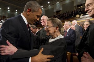WASHINGTON, DC - JANUARY 24:  U.S. President Barack Obama greets Supreme Court Justice Ruth Bader Ginsburg before his State of the Union address before a joint session of Congress on Capitol Hill January 24, 2012 in Washington, DC. The president made a populist pitch to voters for economic fairness, saying the federal government should do more to balance the benefits of a capitalist society.  (Photo by Saul Loeb-Pool/Getty Images)