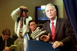 WASHINGTON, DC - DECEMBER 10:  U.S. Sen. Bob Packwood (R), R-Ore, speaks to reporters gathered at a press conference 10 December, 1992 at the Capitol in Washington, DC. Packwood said he was wrong to pressure women employees and associates with unwelcome sexual advances but he will try to "earn back your respect" rather than resign.  (Photo credit should read JENNIFER LAW/AFP via Getty Images)