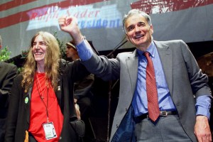 LONG BEACH, UNITED STATES:  Green party presidential candidate Ralph Nader (R) is joined by rock singer Patti Smith (C) at the close of a rally 03 November, 2000 in Long Beach, CA. Nader, who is expected to win a significant margin in the 07 November presidential election, urged the crowd of supporters to vote with their conscience and not out of fear. (Film) AFP PHOTO Lee Celano (Photo credit should read LEE CELANO/AFP via Getty Images)