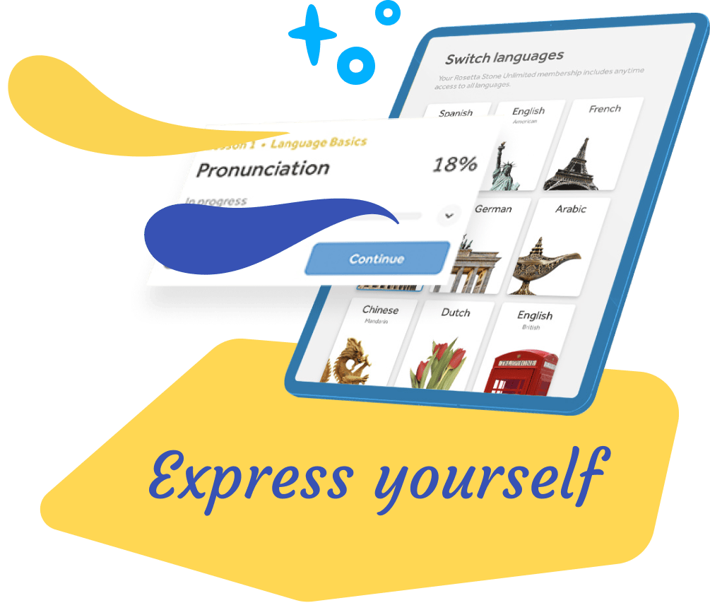 Rosetta Stone application running on a tablet above the words Express Yourself