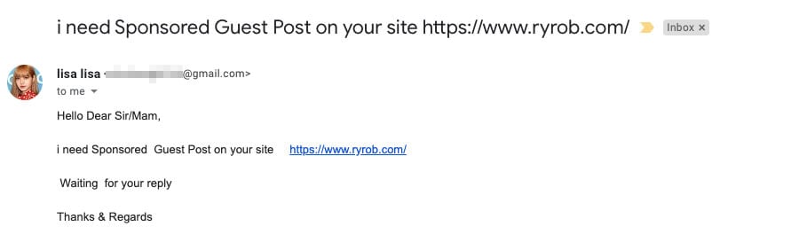 Horrible Blog Outreach Email Example of Bad Subject Line, Stock Photo, Name and Poor Formatting, Spelling, Grammar Mistakes
