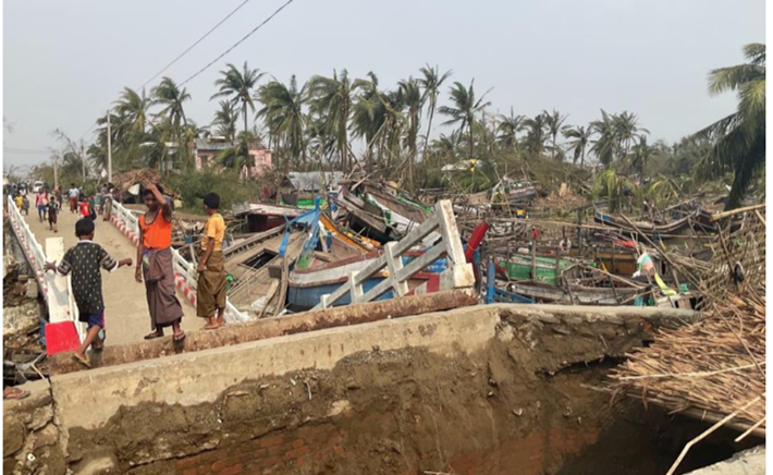 A bridge to Thae Chaung IDP camp that was destroyed by Cyclone Mocha. Sittwe, Rakhine