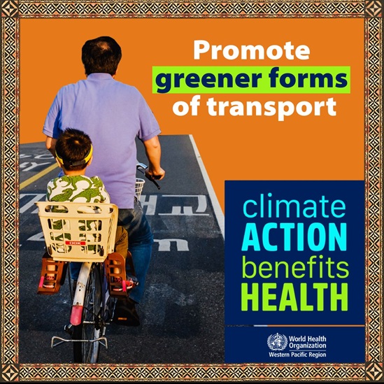 Graphic with man and child on a bicycle promoting greener forms of transport