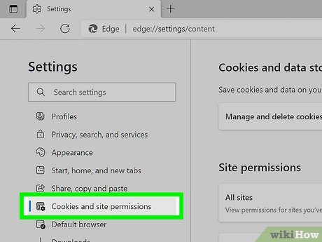Step 2 Click the Cookies and site permissions tab.