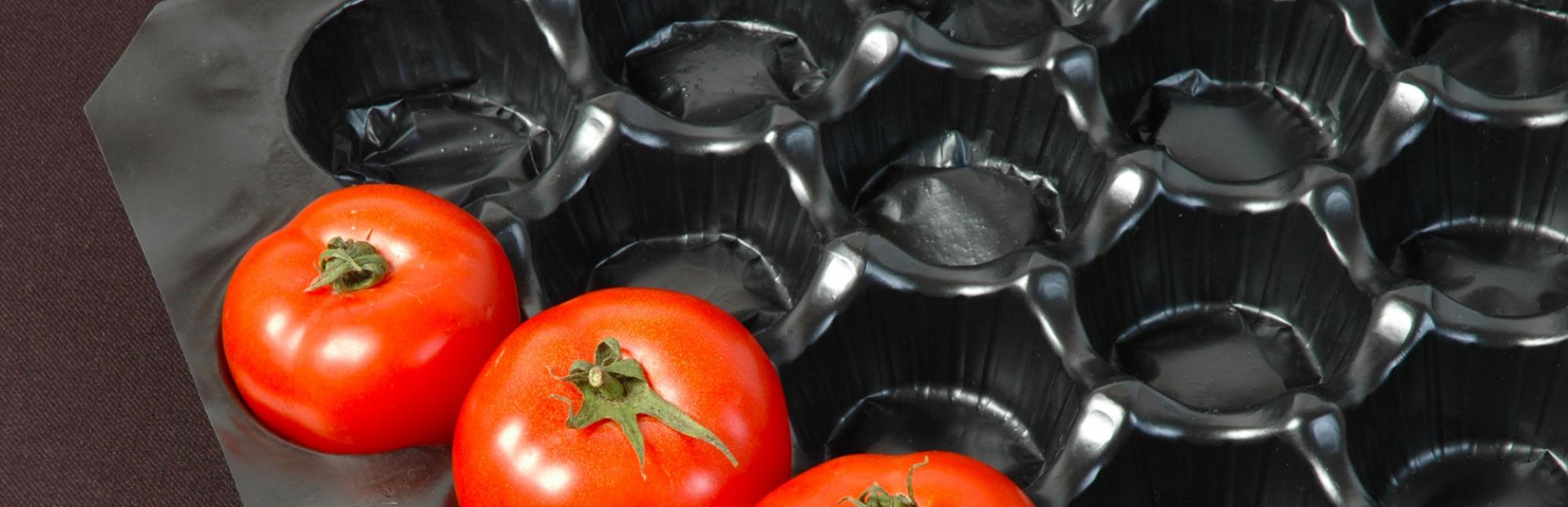 Close up of tomatoes in black plastic packaging