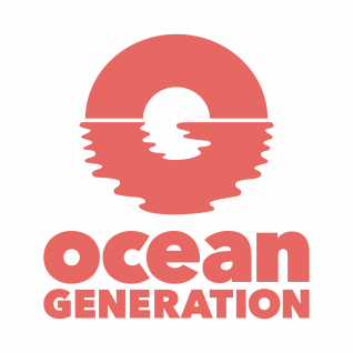 in red and grey the letter O rises from the sea as if a sunrise with the text Ocean Generation 