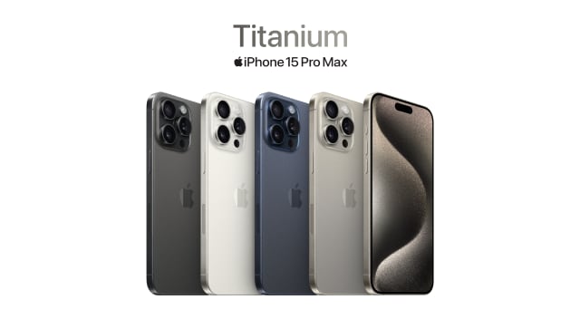 A lineup of five Titanium iPhone 15 Pro devices underneath the Titanium iPhone 15 Pro Max logo. 