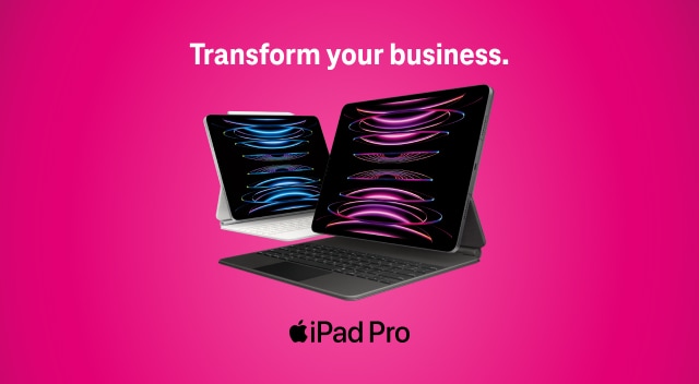 Transform your business; two iPad Pro devices with colorful screen savers over the iPad Pro logo.