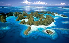Jellyfish Lake, Palau with small green islands and various shades of blue water