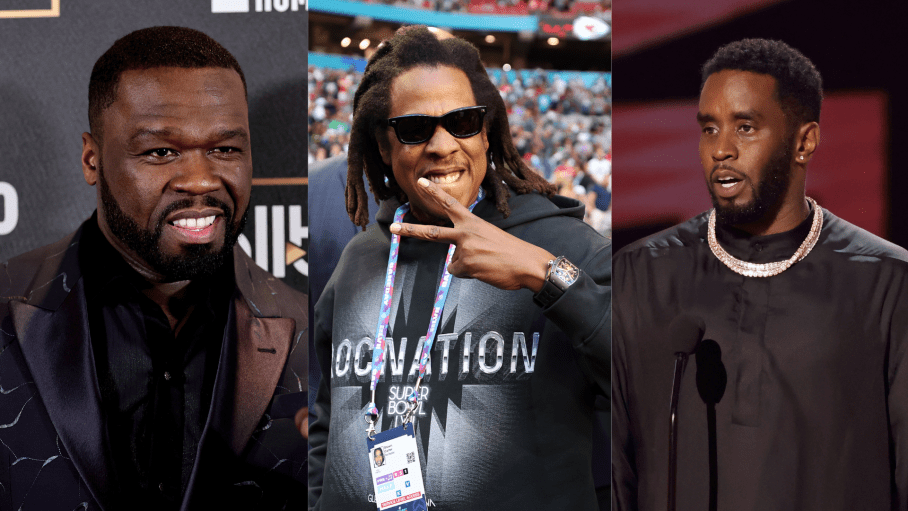 50 Cent at 'Hip Hop Homicides' premiere.; Jay-Z at Super Bowl LVII; Diddy at 2022 BET Awards