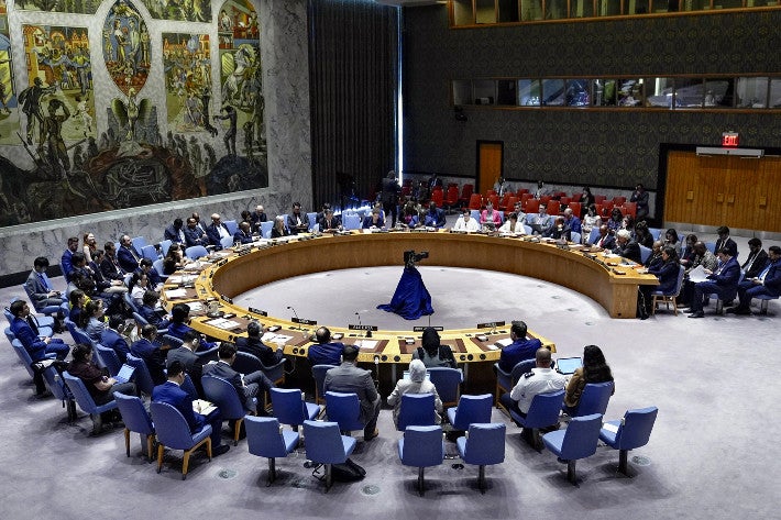 ２９日、イスラエル軍による空爆について協議が行われた国連安全保障理事会（ＡＰ）