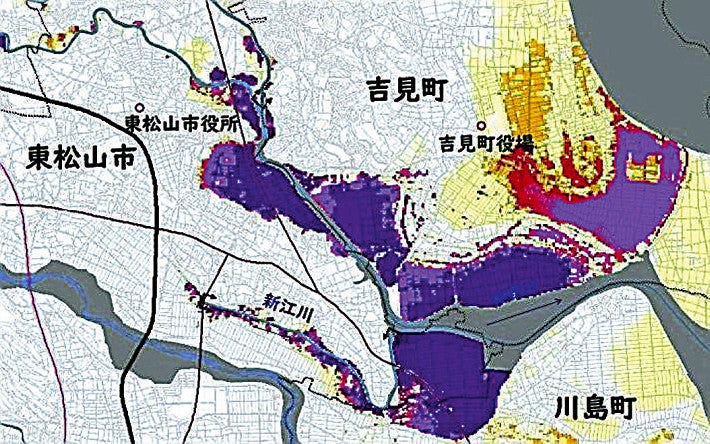 県が公表した「水害リスクマップ」。県西部の一部地域には「１０年に１度」の浸水リスクを示す濃い紫が広がる　　