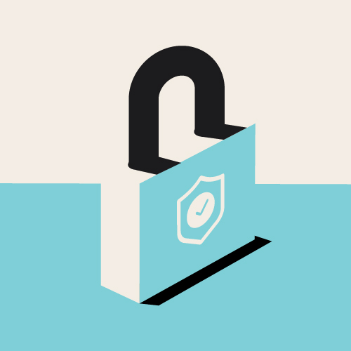 Illustrated graphic of a bright, dimensional basic lock, featuring a shield on its body.