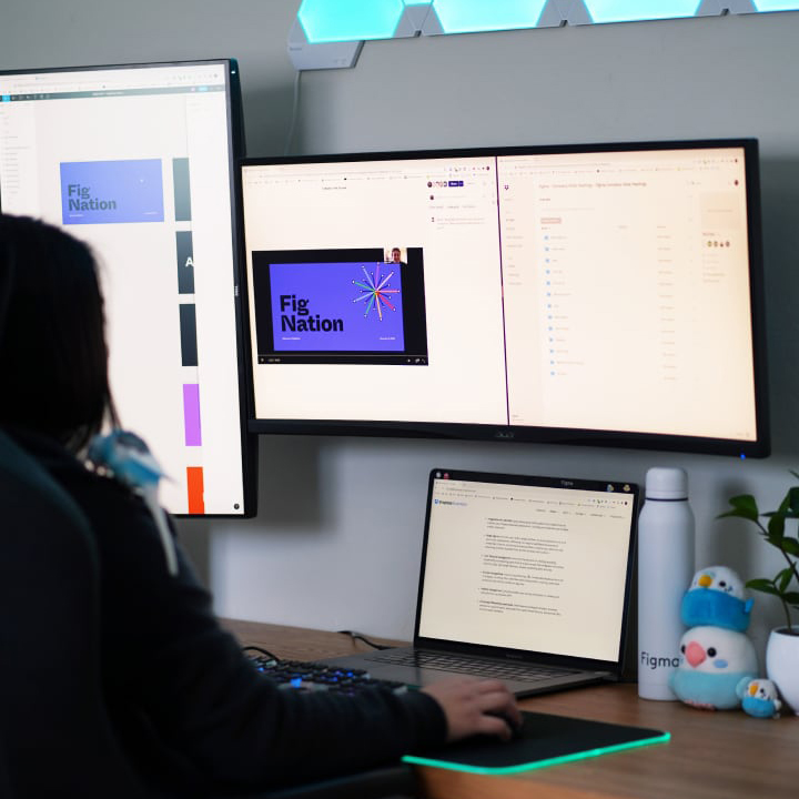 A screenshot of the Dropbox interface with image files saved in a folder, alongside an image of a person working at a desk in front of a laptop and several computer screens