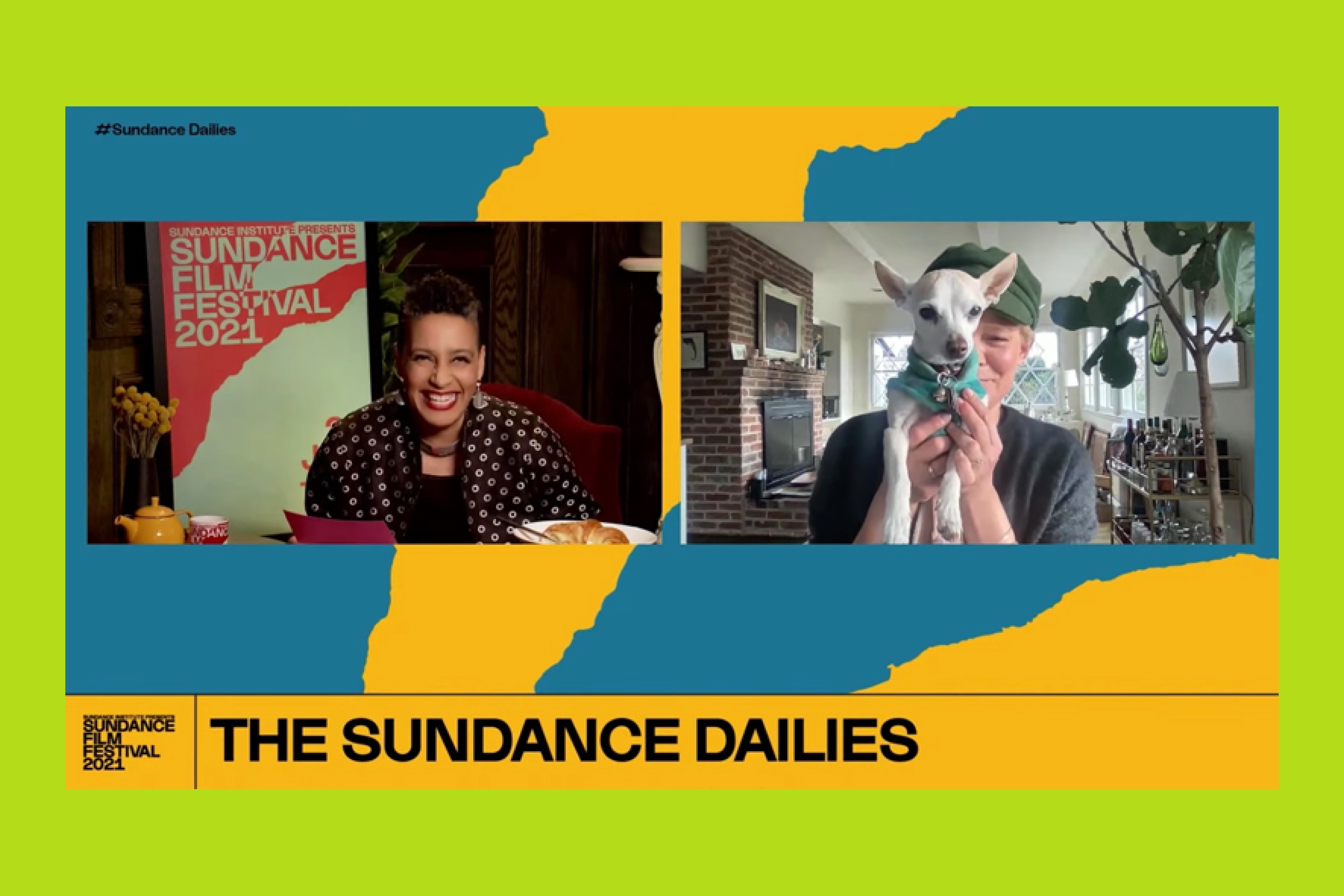 2 people and one little dog on the virtual Dailies screen from Sundance 