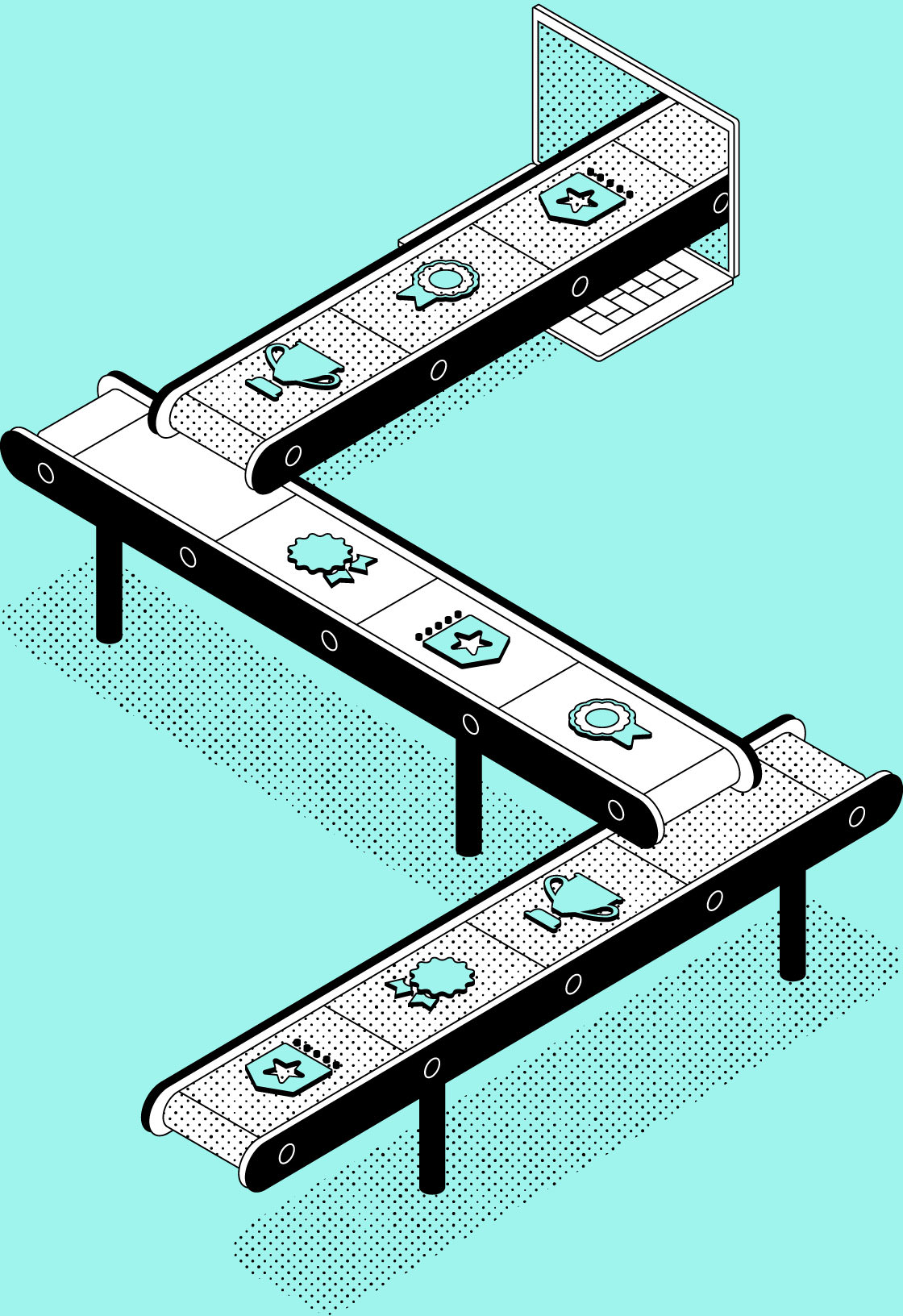Vector illustration of a conveyor belt moving awards and certification icons.