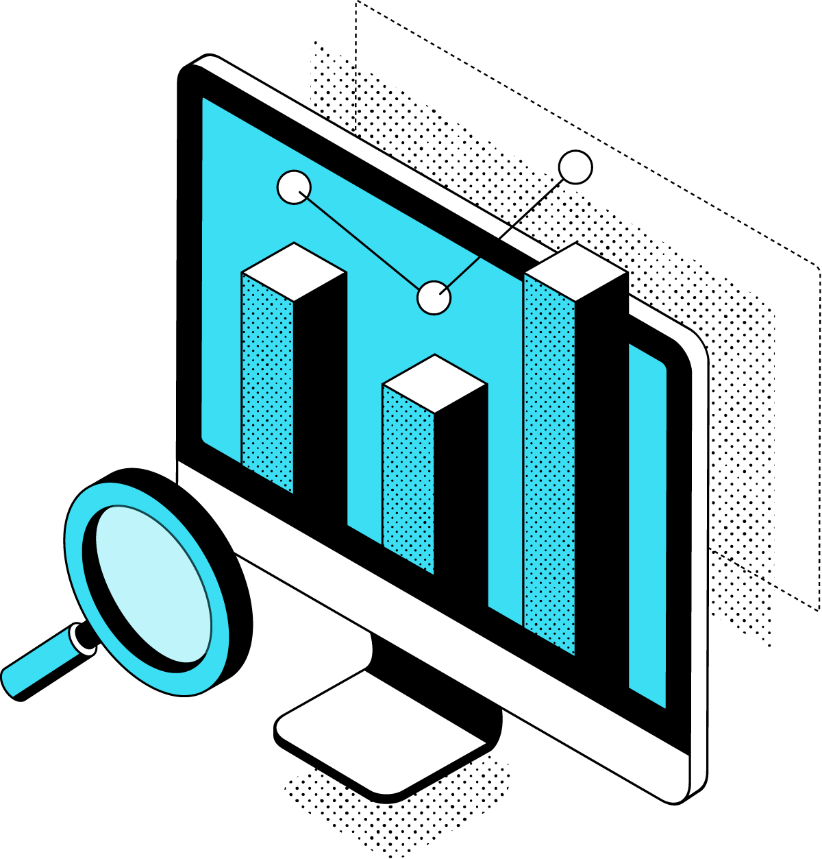 Isometric illustration of a computer screen with a magnifying glass and bar charts