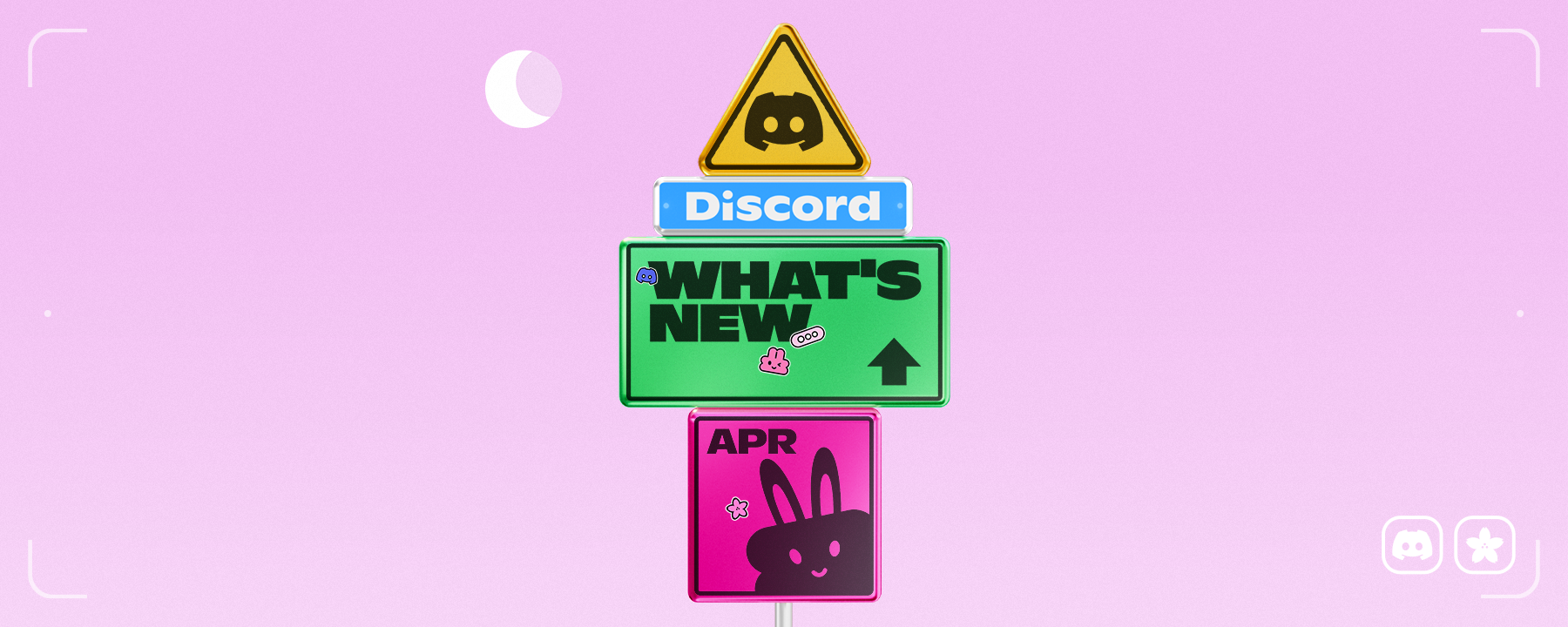 A signpost reading "Discord", "What's New", and "April"