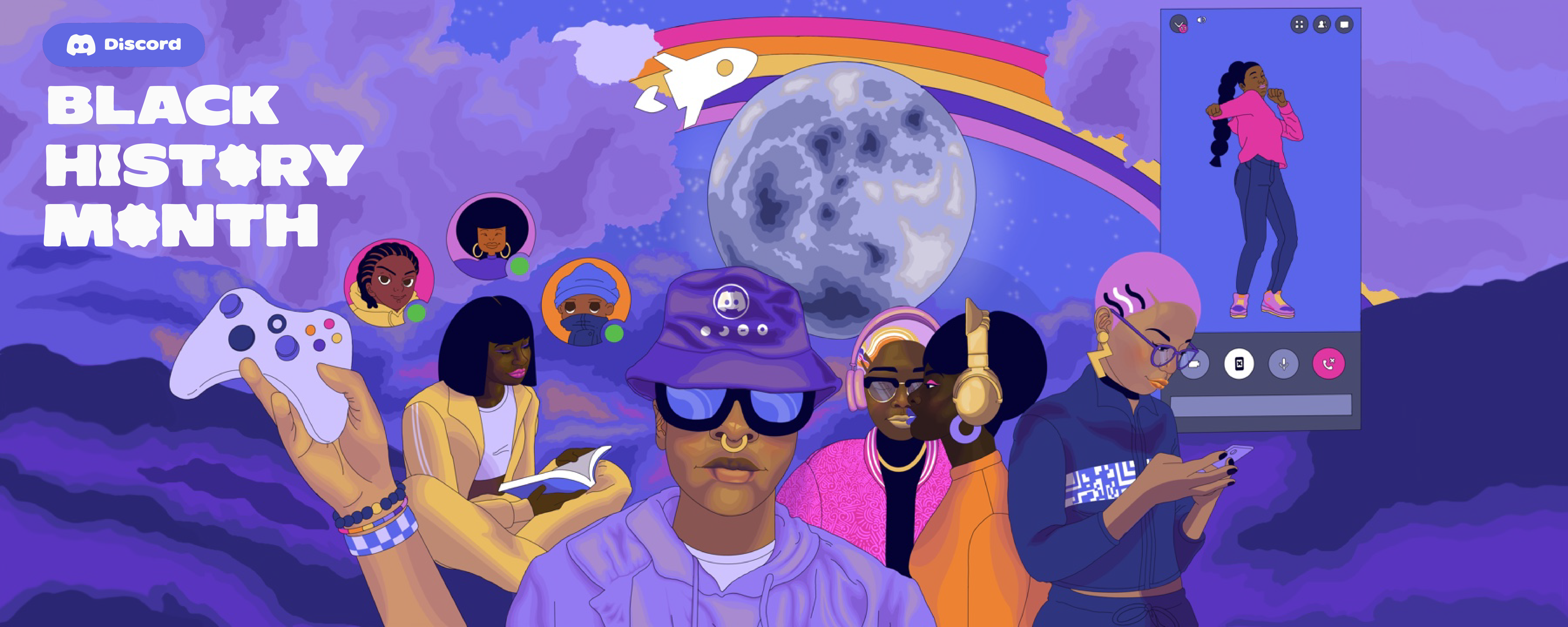 A painting depicting Black creators and community members streaming, sharing, talking, and gaming together. A Discord color scheme encompasses the community. 