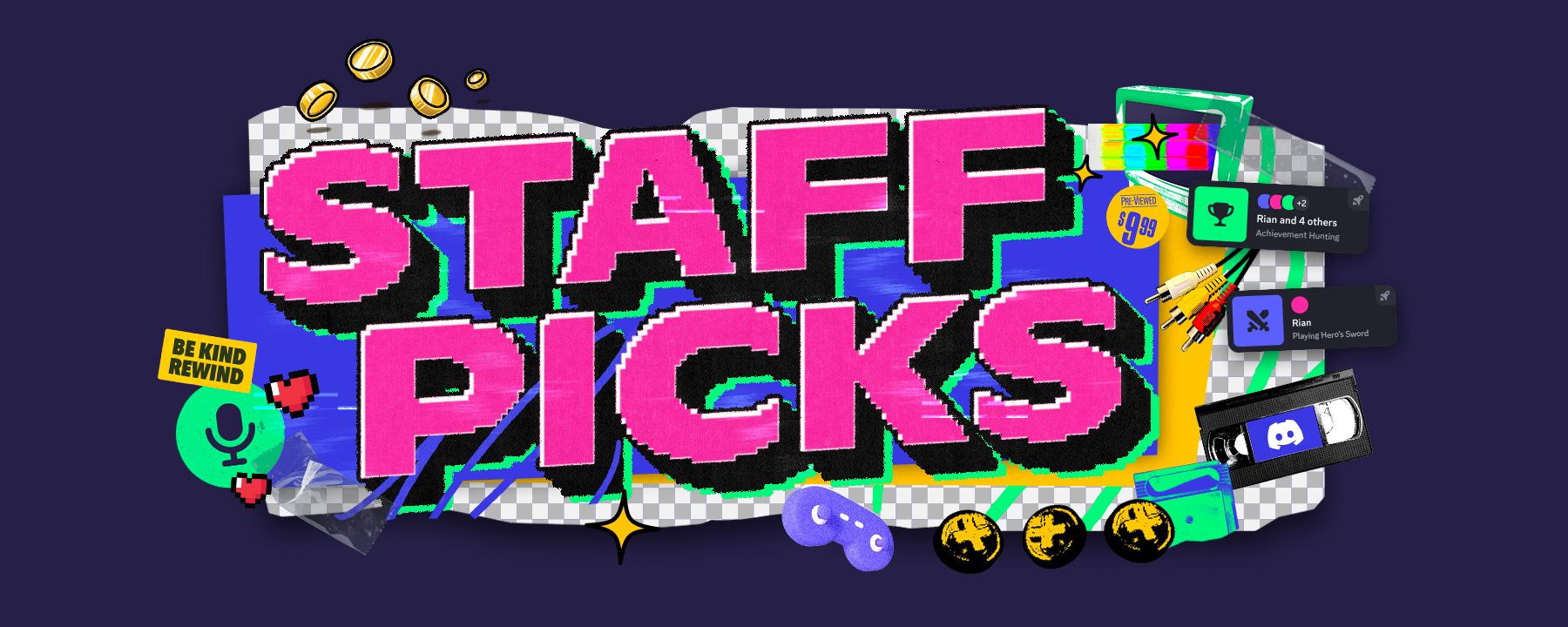 A stylized header that says “Staff Picks.” Icons and imagery of gamepads, microphone icons, VHS tapes, and in-app Activity statuses.
