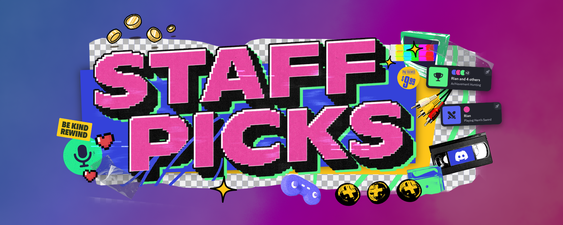 A stylized header that says “Staff Picks.” Icons and imagery of gamepads, microphone icons, VHS tapes, and in-app Activity statuses. 