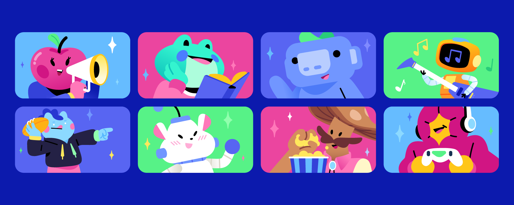 Eight friends, represented by Discord characters, enjoying a group video call on Discord together. Some are playing games and reading books together, while others are watching movies and playing musical instruments. Everyone is having fun, smiling while talking away!