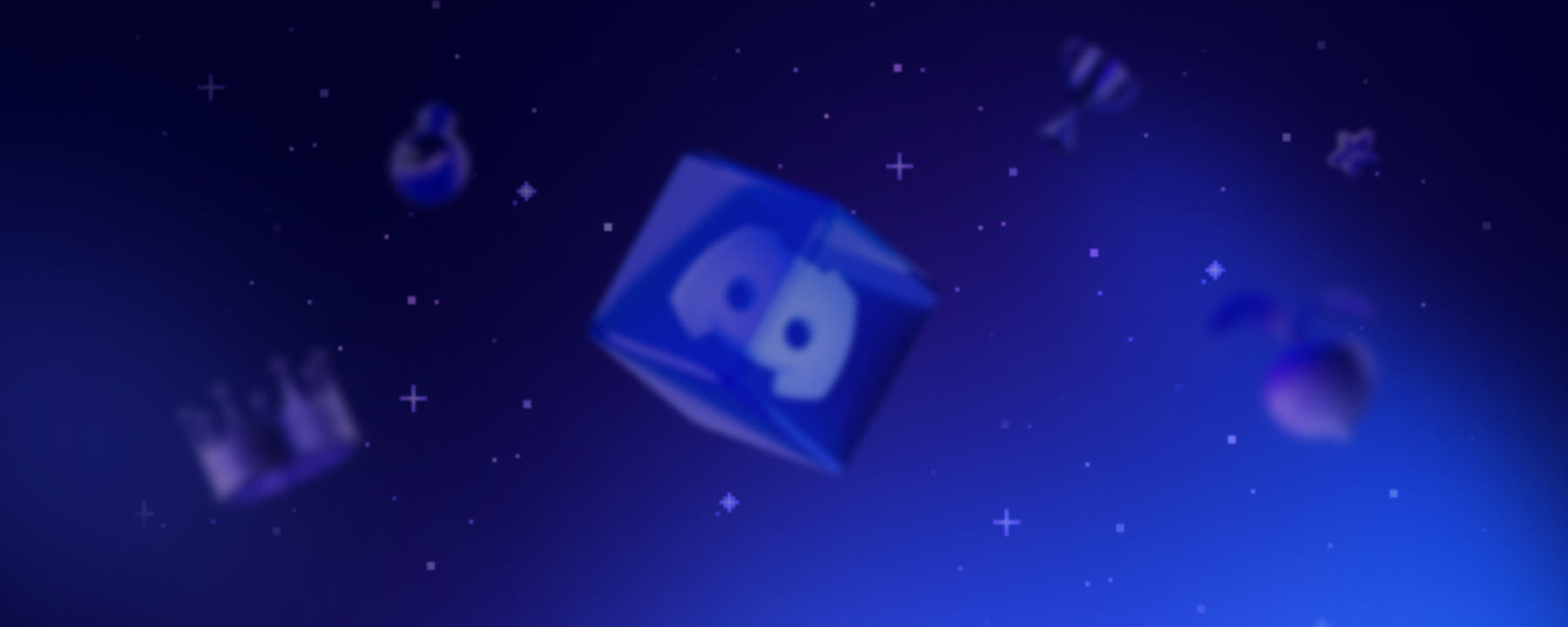 An out-of-focus floating cube containing the Discord logo in a dark blurple starfield. Surrounding it is blurred items such as potion bottles and trophies.