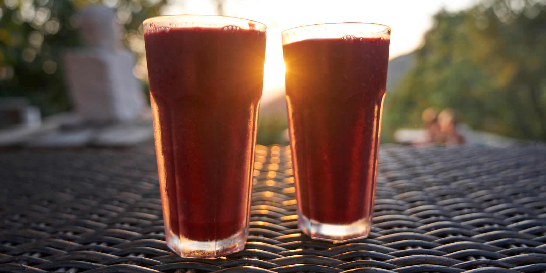 Two juices at Juicy Mountain with the sunset