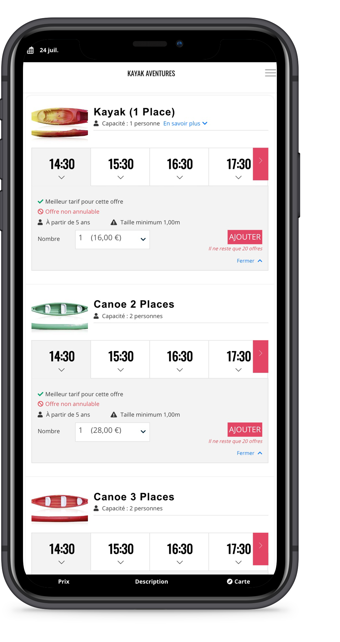 Mobile phone screenshot, elloha creates a platform for your customers to organise and book their activities in a simple way