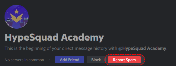 A Discord message window. A button that says "Report Spam" is highlighted next to the user's name. 