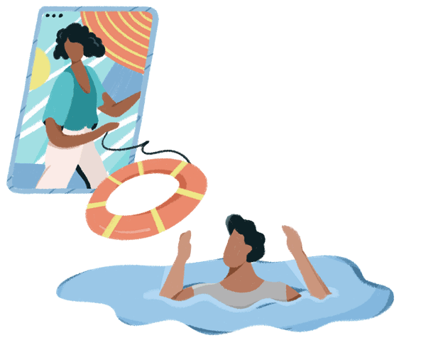 Illustration of a woman throwing a lifebuoy to a distressed person, symbolizing providing a lifeline for people in crisis