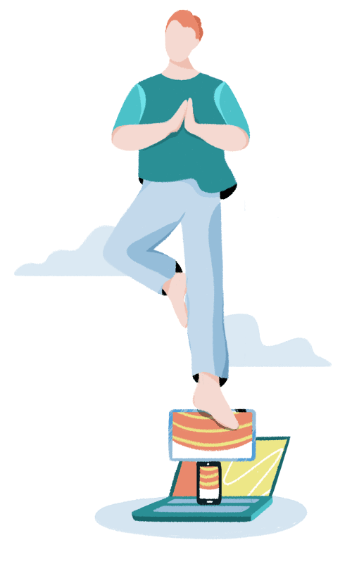Illustration of a man performing the one legged prayer pose on a stack of digital devices