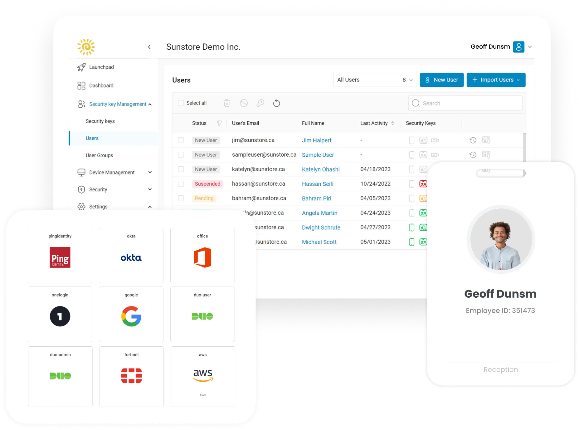 Screenshots of IDmelon Admin Panel, Integrated Service Providers, and ID Badge