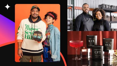 A photo grid that showcases the owners of two Black-owned businesses and candles that are sold by one of the businesses.