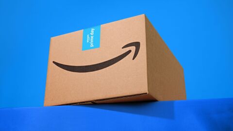 An image of an Amazon box with the smile logo on a blue background.