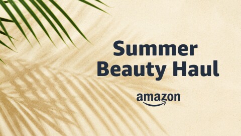 An image of sand and palm frond and text that reads: Summer Beauty Haul Amazon.