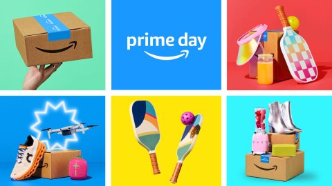 A collage of six images featuring Amazon products, an Amazon box, and text that reads, "Prime Day"