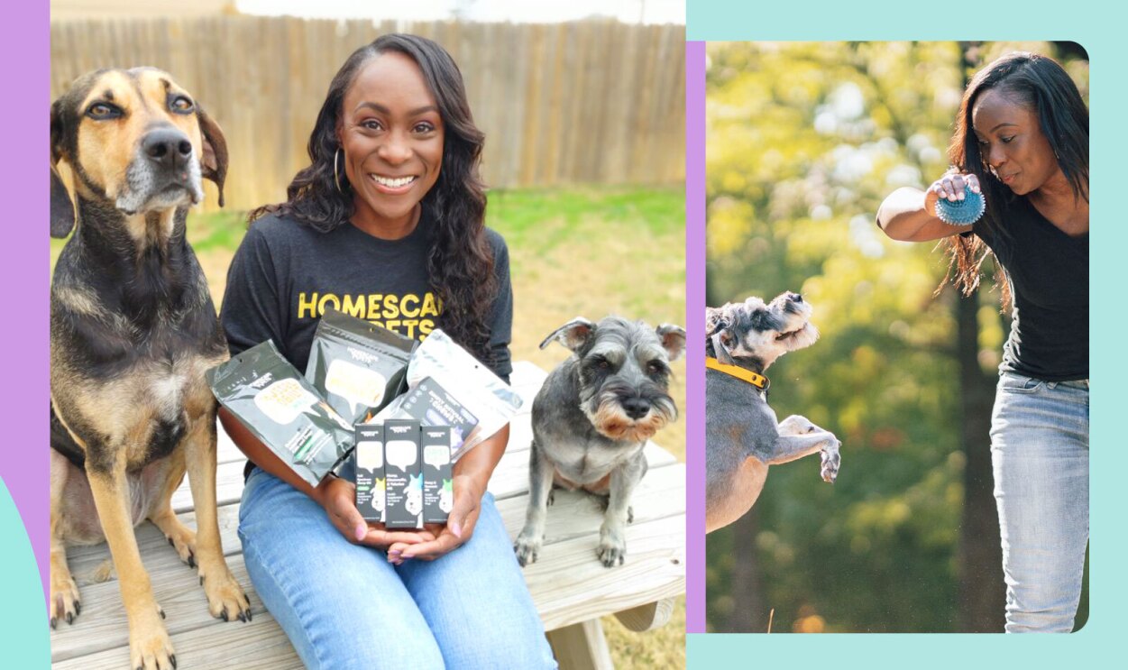 A photo of Nana Pfeifer, Co-Founder of Homescape Pets holding homescape products.