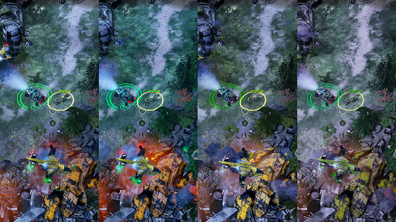 Gameplay images from Halo with different color filters applied