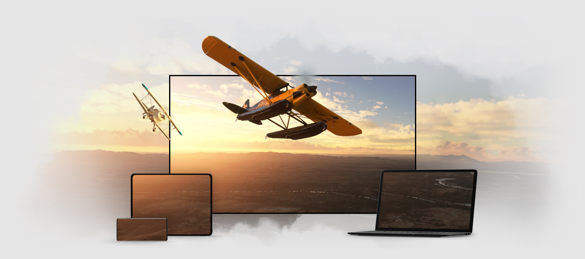 Rozgrywka Microsoft Flight Simulator widoczna na ekranach wielu urządzeń, w tym na laptopie, telewizorze, telefonie i tablecie.