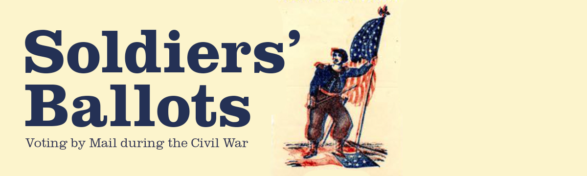 Civil War image in red white and blue of a soldier holding the American flag.