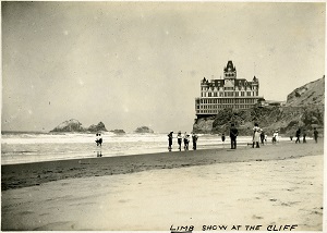 96-07-08-alb03-105, Bathers at San Francisco’s Ocean Beach, with the Cliff House in the background, c. 1906