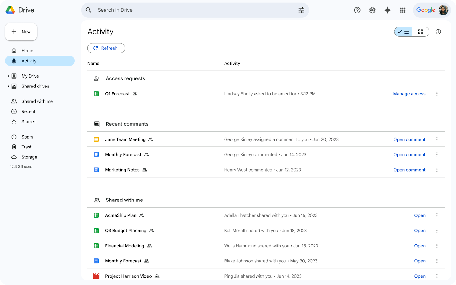 View recent shares in the Google Drive Activity page