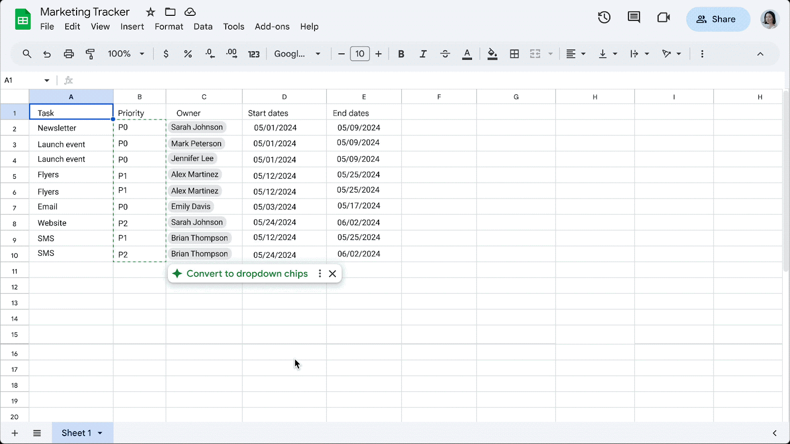Easily convert data to dropdown chips in Google Sheets
