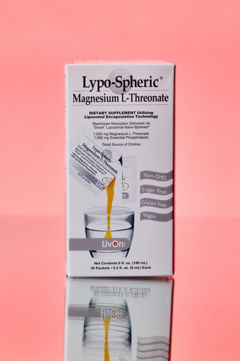 "Lypo-Spheric" magnesium gel, for squeezing into your beverage. A box of 30 packets goes for $70 at Erewhon.